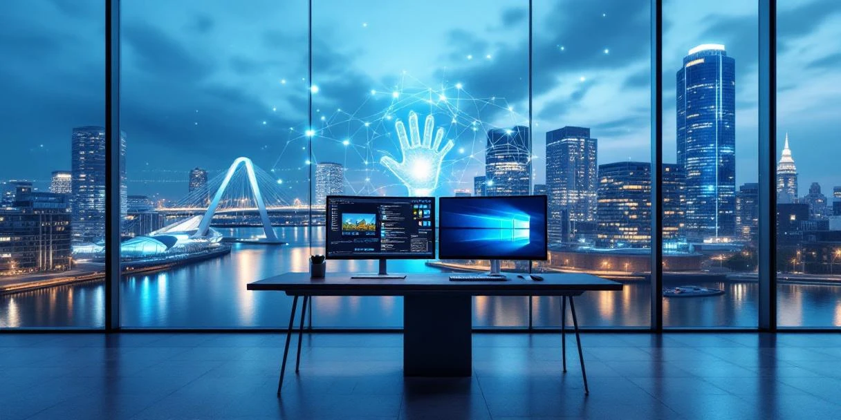 Modern kantoor in Rotterdam met uitzicht op Erasmusbrug, bureau met holografische schermen en lichtstralen die IT-ondersteuningsnetwerken tussen gebouwen in Zuid-Holland visualiseren.