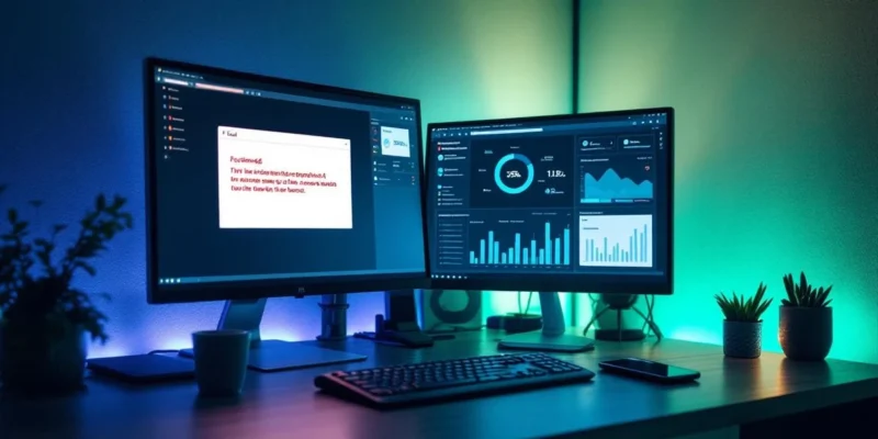 Professionele IT-werkplek met foutmelding op één scherm en ondersteuningsdashboard op ander scherm, smartphone met notificatie in modern kantoor met reactietijd-indicator.
