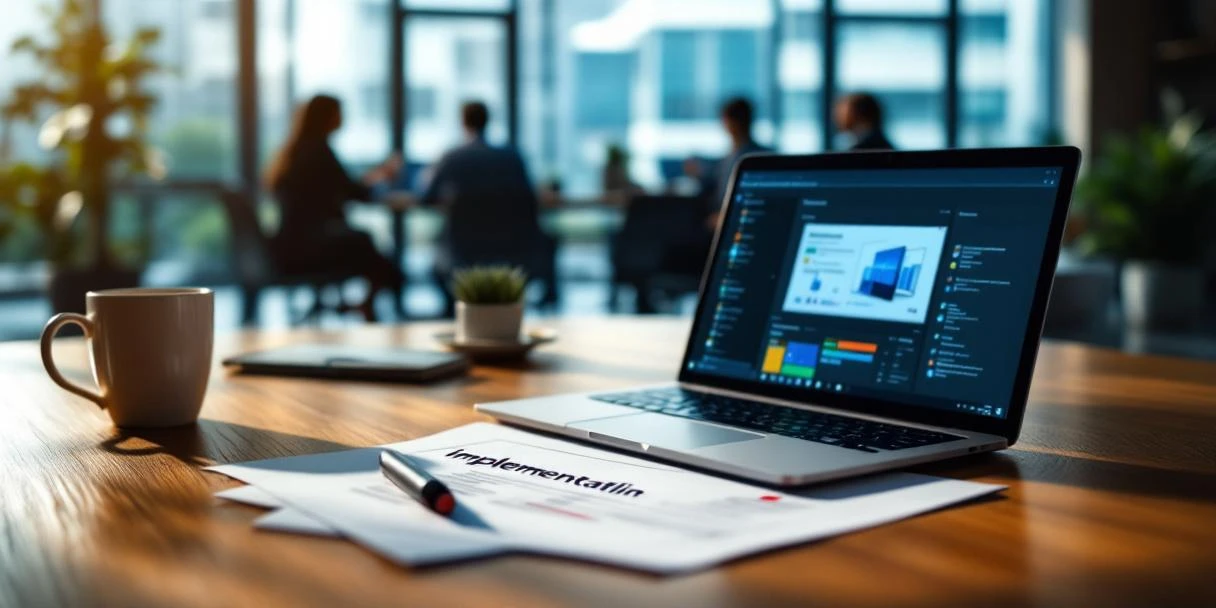 Modern kantoorbureau met laptop en gemarkeerd implementatieplan met koffiering. Op achtergrond IT-professionals in vergaderruimte met glazen wanden.