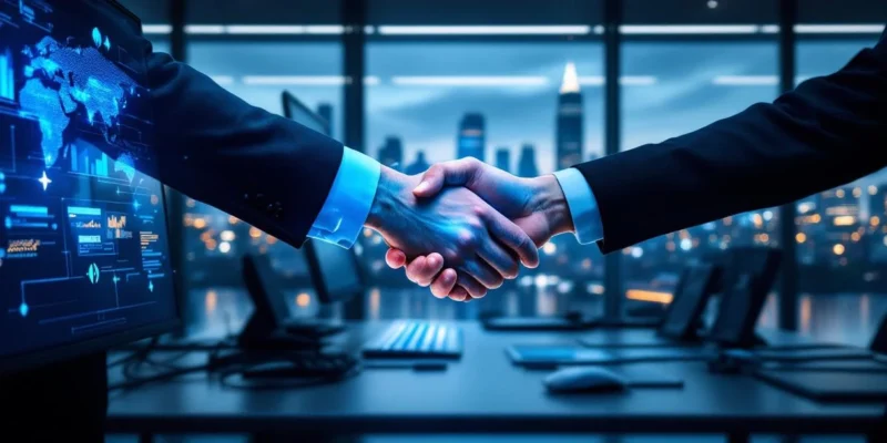 Modern kantoorinterieur in Den Haag met skyline, geavanceerde computerwerkplek en handdruk die partnerschap voor digitale werkplekoplossingen en IT-integratie symboliseert.