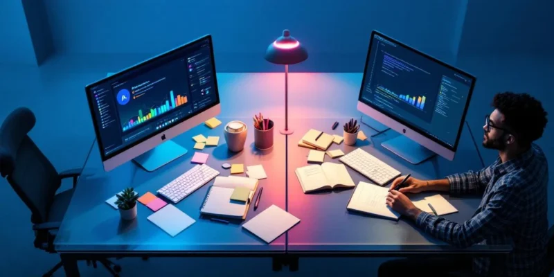 Twee contrasterende werkplekken tonen verschillende AI-integratiestijlen: links Microsoft Copilot met digitale focus, rechts een gebalanceerde combinatie van technologie en traditionele notities.