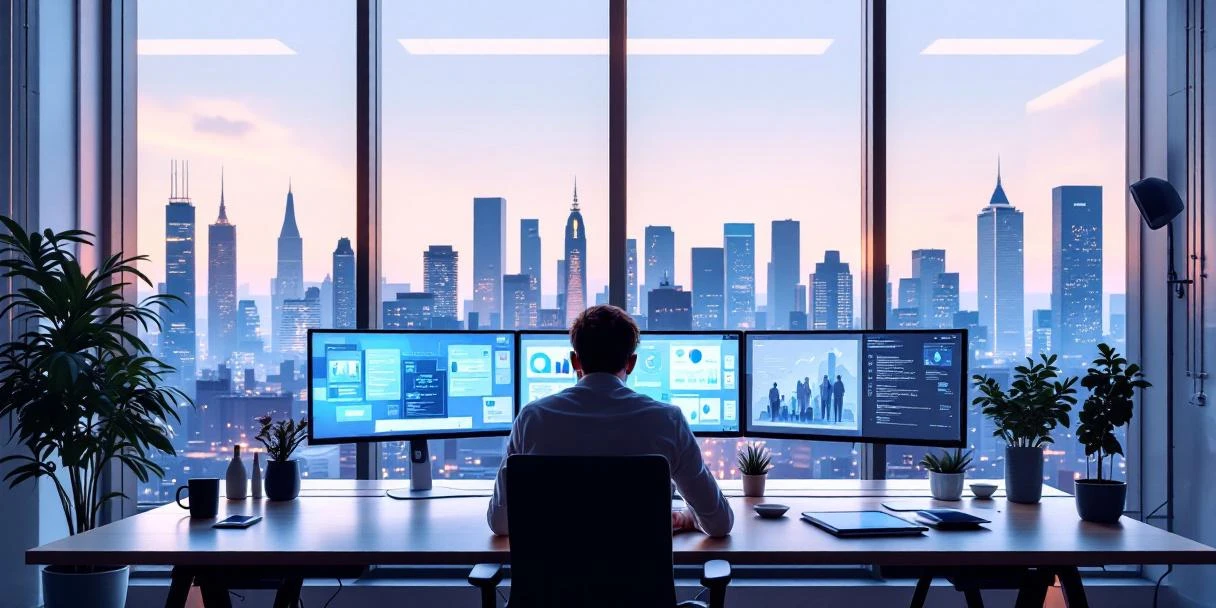 Moderne kantoorruimte in Den Haag met skylinesilhouet, ergonomisch bureau met beeldschermen en tablet. Professionals werken samen in lichte, tech-georiënteerde omgeving.