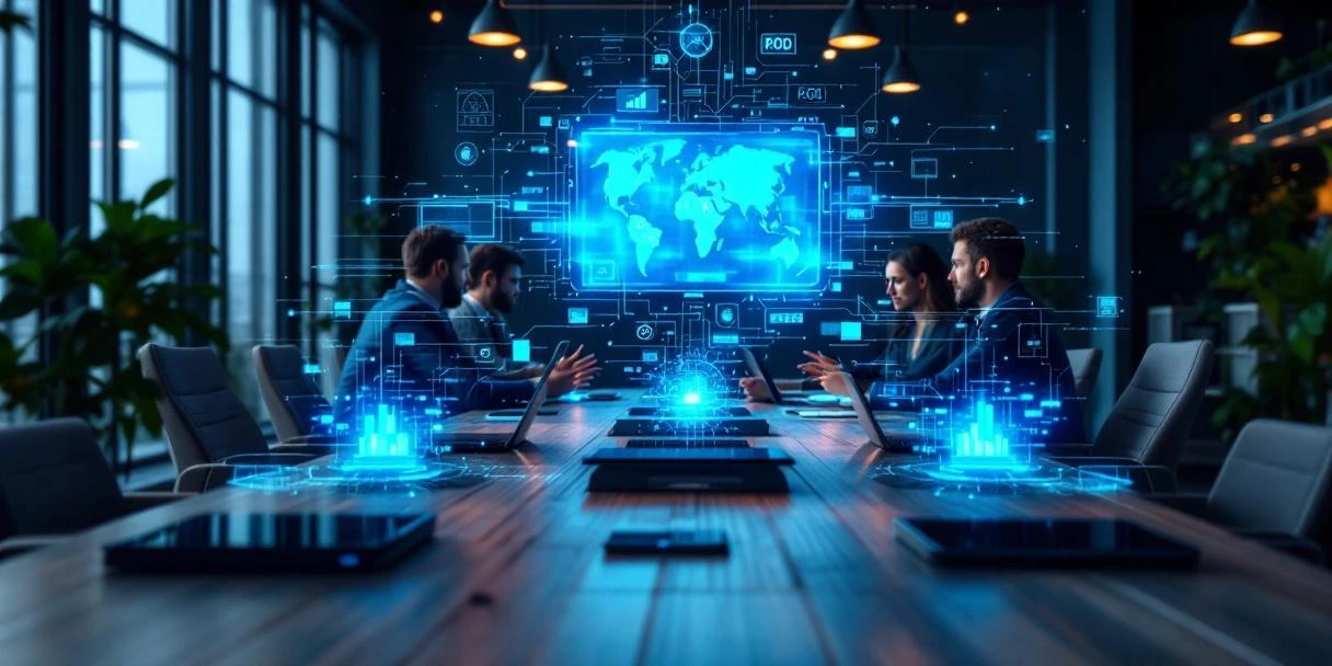 Moderne kantoorruimte met vergadertafel vol apparaten toonend productiviteitsinterfaces en zwevende blauwe grafiek die ROI symboliseert, medewerkers op achtergrond.