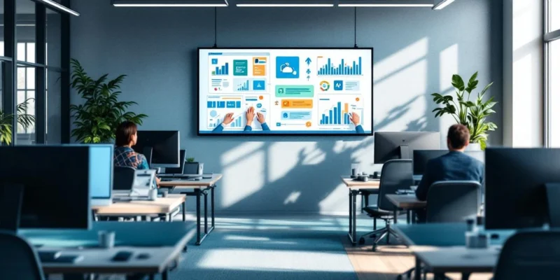 Modern kantoorinterieur met Microsoft 365 werkplekken en interactief whiteboard dat adoptieplan visualiseert. Teamleden wijzen samenwerkend naar elementen in DesktopToWork-huisstijl.
