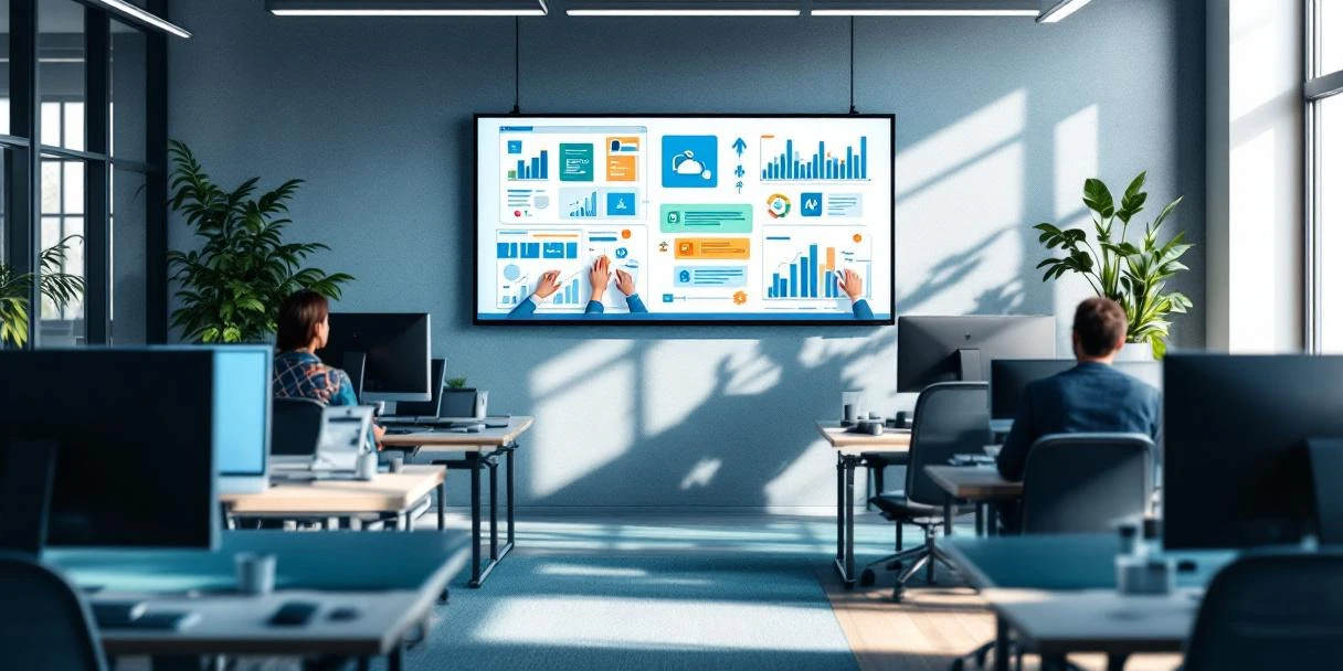 Modern kantoorinterieur met Microsoft 365 werkplekken en interactief whiteboard dat adoptieplan visualiseert. Teamleden wijzen samenwerkend naar elementen in DesktopToWork-huisstijl.