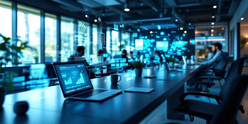 Modern kantoor met panoramisch bureau waarop meerdere apparaten Microsoft 365 tonen, met holografische productiviteitsgrafieken en subtiele trainingssetting op de achtergrond.