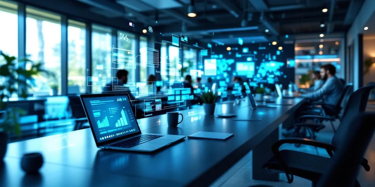 Modern kantoor met panoramisch bureau waarop meerdere apparaten Microsoft 365 tonen, met holografische productiviteitsgrafieken en subtiele trainingssetting op de achtergrond.