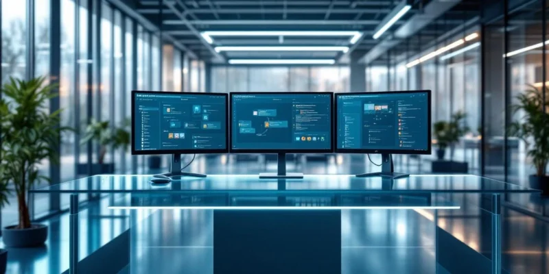 Moderne kantoorruimte met glazen bureau waarop drie monitors Microsoft 365 interfaces tonen, omgeven door minimalistisch interieur met natuurlijk licht en identieke werkplekken.