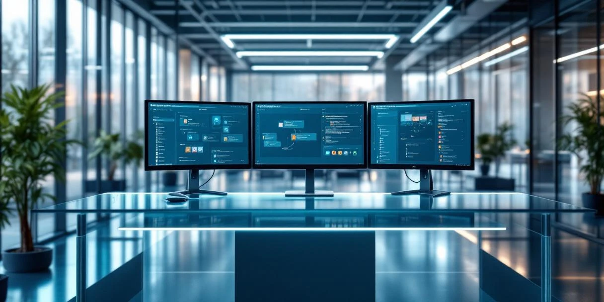 Moderne kantoorruimte met glazen bureau waarop drie monitors Microsoft 365 interfaces tonen, omgeven door minimalistisch interieur met natuurlijk licht en identieke werkplekken.