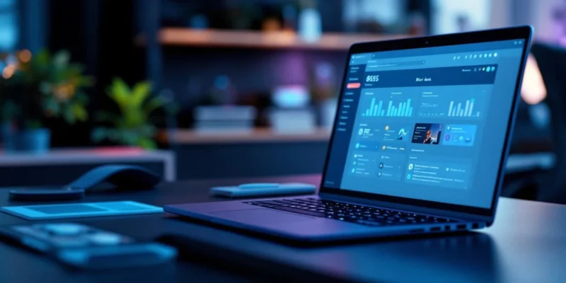 Stijlvol bureau met laptop toonend Microsoft 365 dashboard. Bekende app-iconen verlicht, minder bekende in schaduw tegen een subtiele vergaderruimte achtergrond.