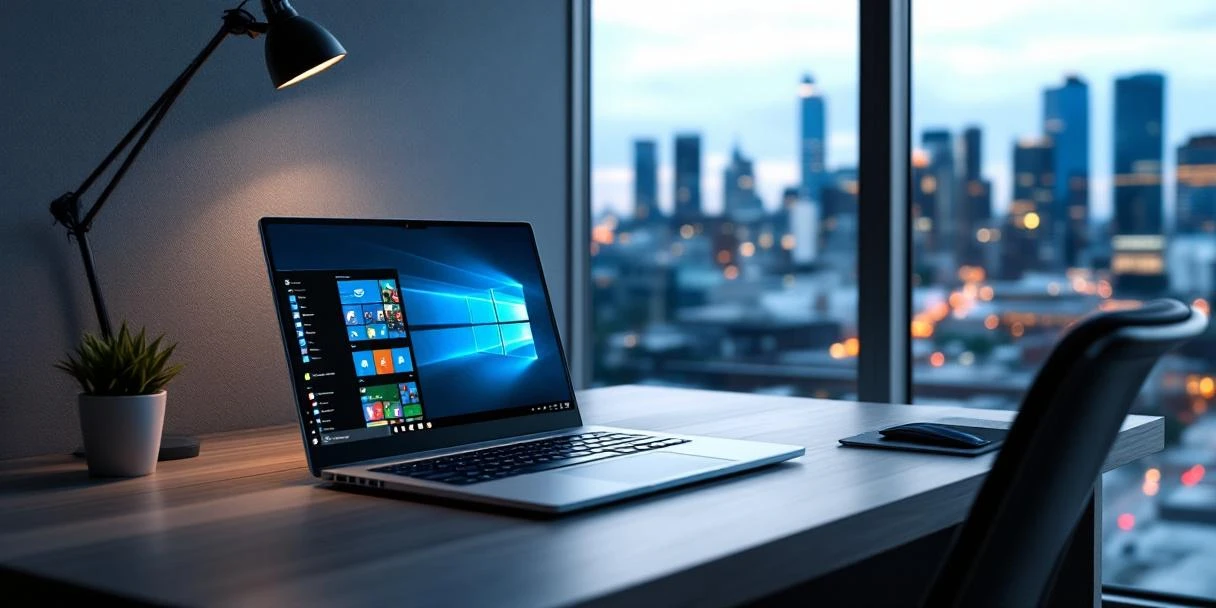 Premium laptop met Microsoft 365-interface op een minimalistisch bureau, met vergrootglas dat verborgen functies symboliseert en uitzicht op zakendistrict.