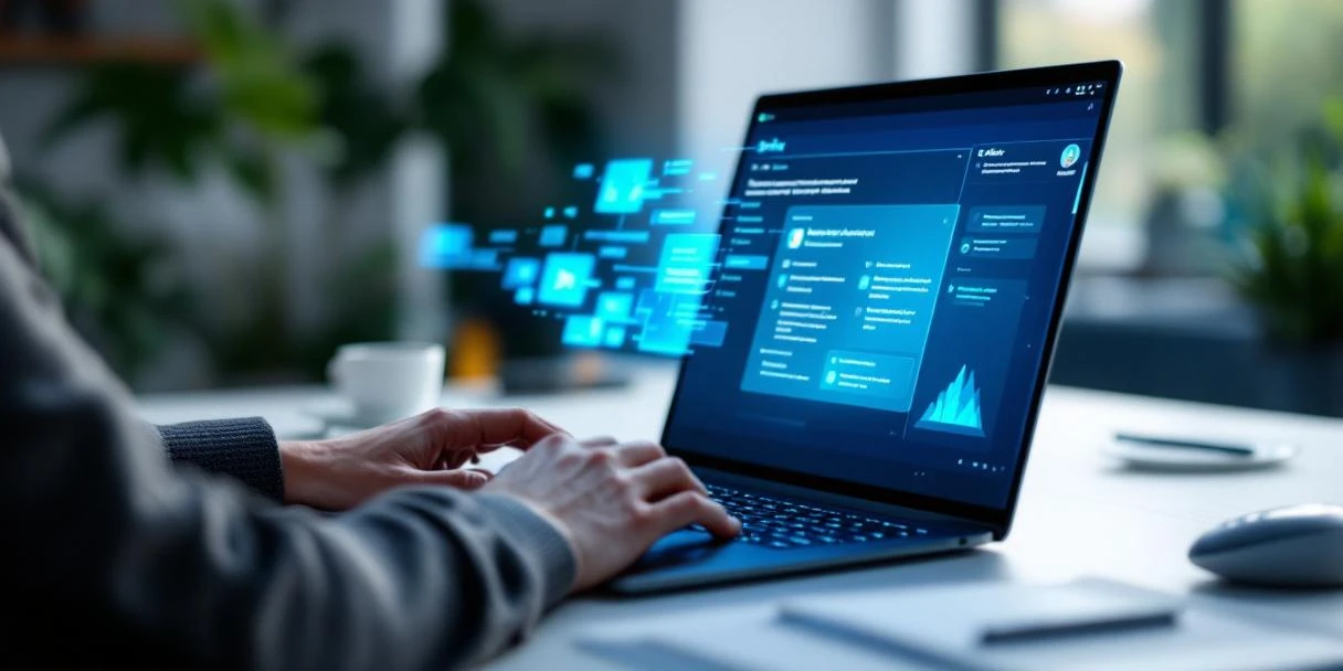 Modern bureau met laptop waarop Microsoft Copilot naast e-mail draait. Professionele hand typt terwijl holografische tekstsuggesties zweven in minimalistisch kantoor.
