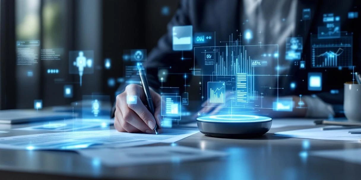 Modern bureau met holografische documentanalyse door Microsoft Copilot AI, zwevende documenten met datastromen en een futuristisch apparaat in een stijlvolle kantooromgeving.