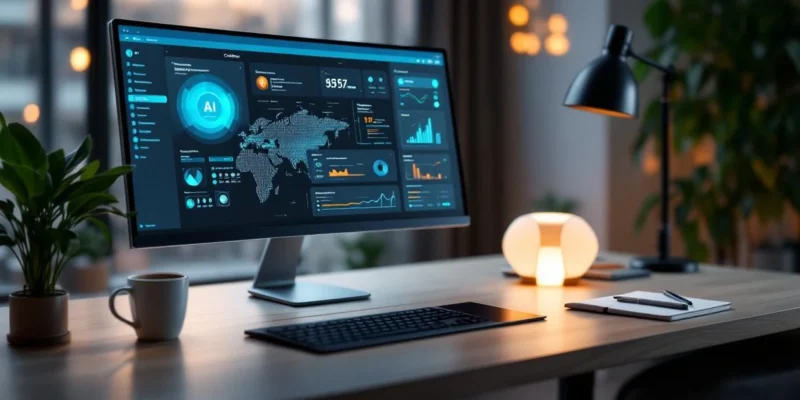 Modern minimalistisch kantoorwerkstation met Microsoft Copilot interface, tablet met productiviteitsgrafieken, koffie en notitieboek in warm ochtendlicht.