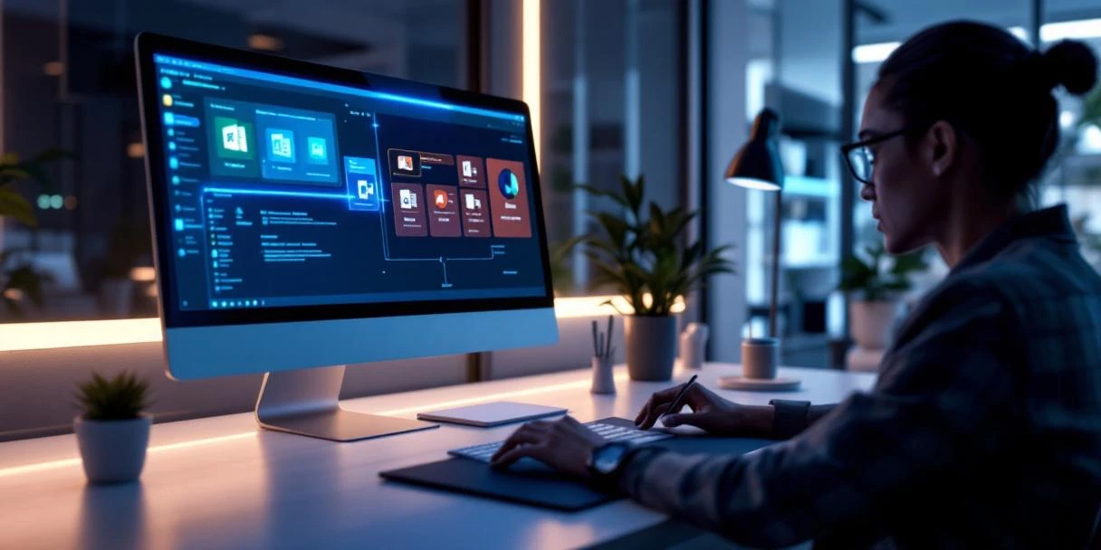 Moderne bureauopstelling met Microsoft-apps op scherm en tablet, verbonden door blauwe lichteffecten die Copilot-integratie symboliseren.