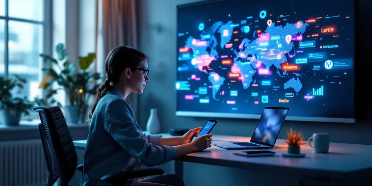 Zwevende Microsoft Copilot-interface boven modern bureau met gekleurde lichtstralen die verschillende talen symboliseren en naar meerdere apparaten stromen in blauw-paarse omgeving.