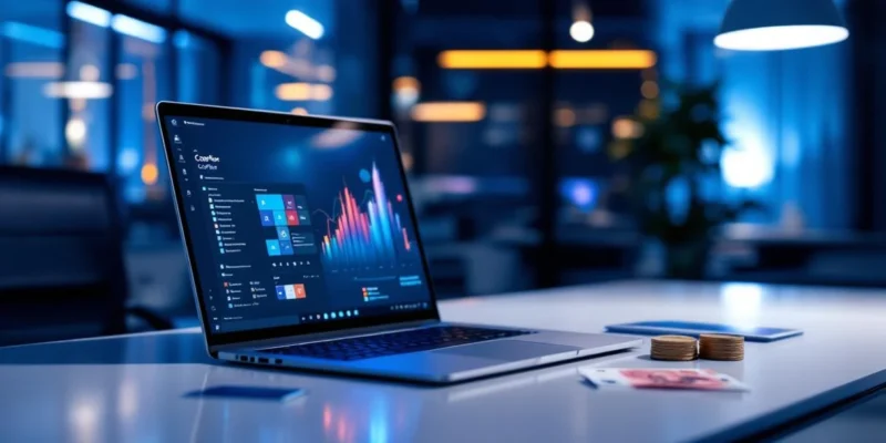Premium laptop met Microsoft Copilot-interface op glazen kantoorbureau, naast eurobiljetten en digitaal prijskaartje in professionele blauwtintige kantooromgeving.