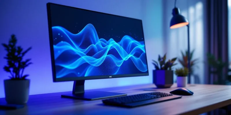 Modern werkstation met Microsoft Copilot-interface op monitor, toetsenbord met blauwe verlichting, tegen een blauw-teal achtergrond in een minimalistische werkomgeving.