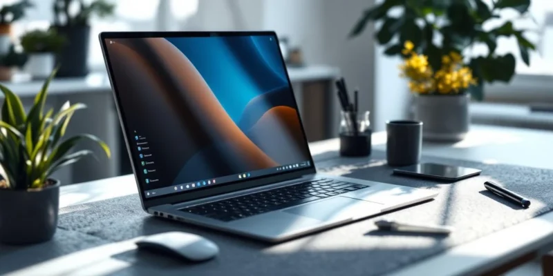 Modern professioneel bureau met laptop waarop Microsoft Copilot interface zichtbaar is, omringd door een stijlvolle werkruimte met stylus en muis in natuurlijk licht.