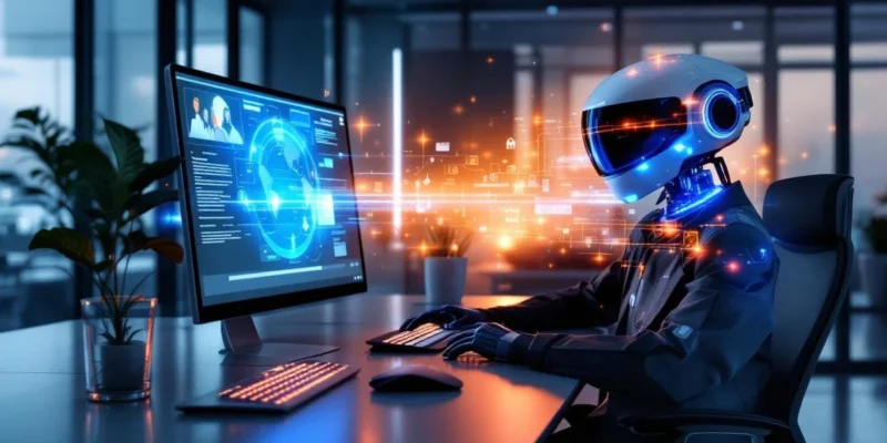 Futuristisch bureau met twee digitale werkplekken; Microsoft Copilot links en diverse AI-assistenten rechts, verbonden door holografische lijn in modern kantoor met natuurlijk licht.