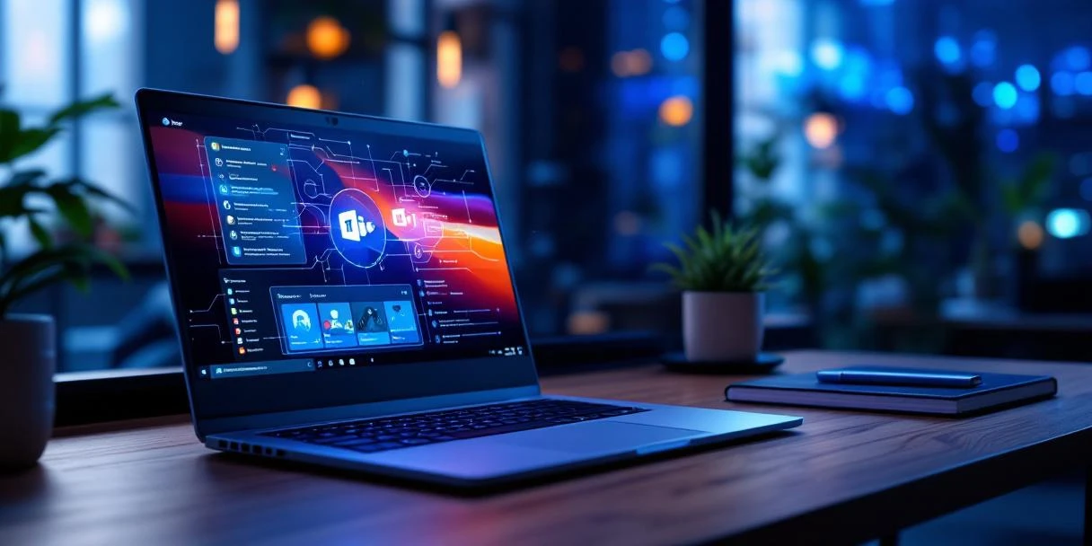 Laptop met Microsoft Teams en holografisch Copilot-logo op kantoorbureau, omringd door accessoires in blauwe Microsoft-verlichting.