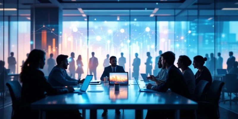 Moderne vergaderruimte met Microsoft Teams-interfaces op apparaten, holografische verbindingslijnen, en een adoptiegrafiek op de achtergrond in kenmerkende Teams-kleuren.