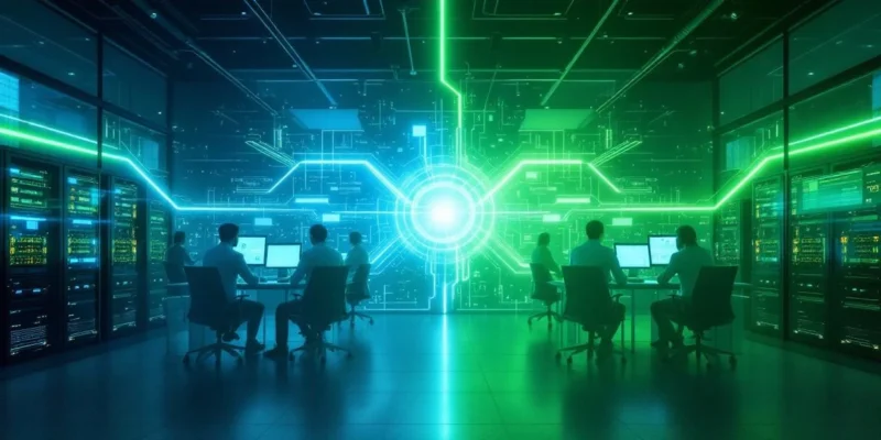 Professionele werkplek met technische Microsoft 365-implementatiezone links en productieve adoptieomgeving rechts, verbonden door een gloeiende lijn met blauw-groene kleurovergang.