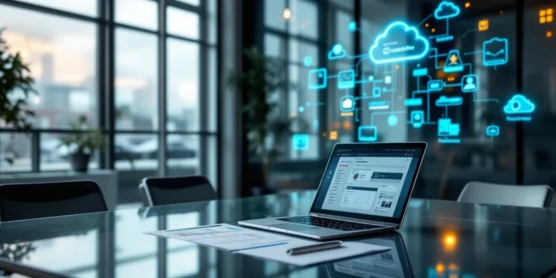Moderne kantoorruimte met laptop die Microsoft 365 dashboard toont, gestructureerd implementatieplan en digitale roadmap met cloud-iconen geprojecteerd op glazen wand.