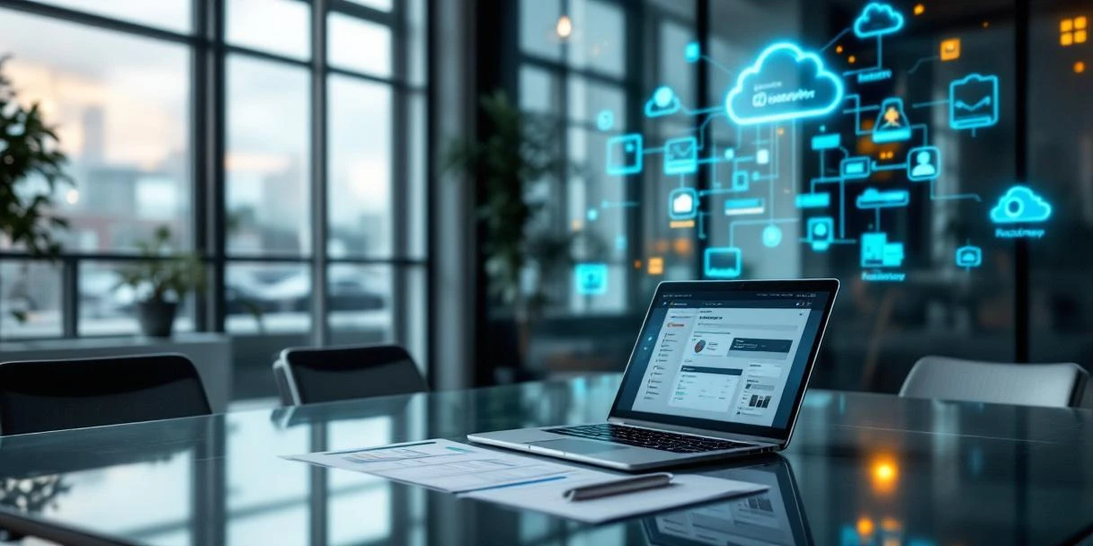 Moderne kantoorruimte met laptop die Microsoft 365 dashboard toont, gestructureerd implementatieplan en digitale roadmap met cloud-iconen geprojecteerd op glazen wand.