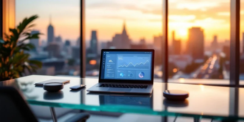 Moderne werkplek met premium laptop die stijgende ROI-grafieken toont, Microsoft Copilot-apparaat en panoramisch uitzicht op zakendistrict tijdens zonsondergang.