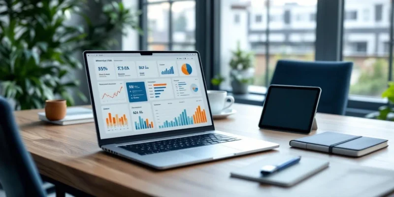 Modern kantoorbureau met laptop die Microsoft 365 adoptie-dashboard toont, tablet met analytics, smartwatch, notitieblok en koffie in lichte werkruimte.