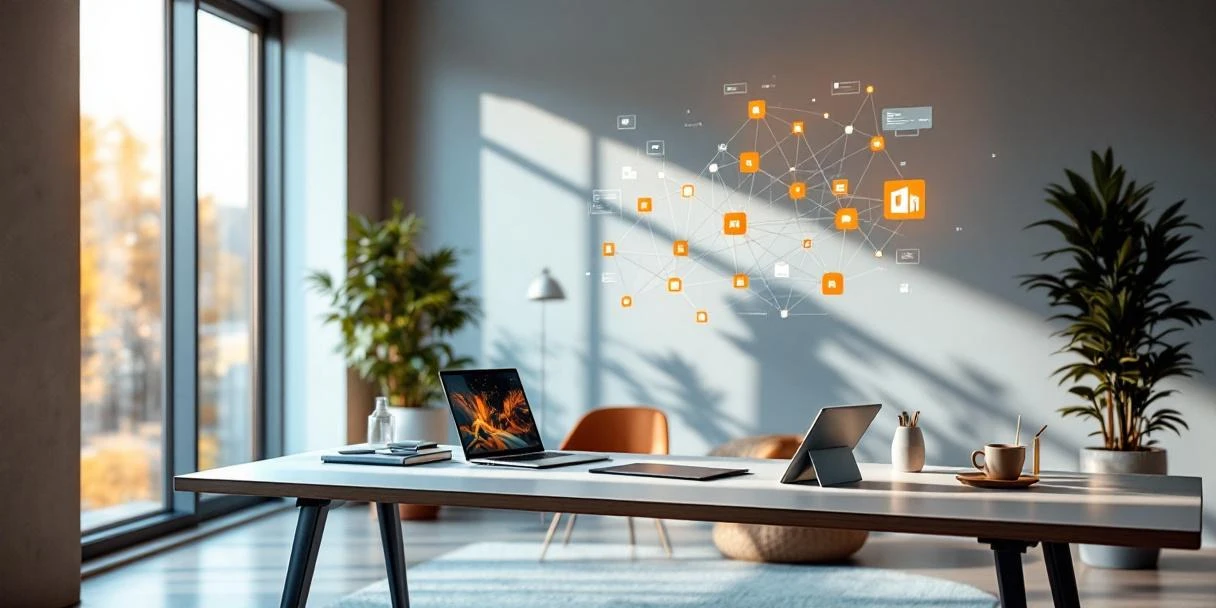 Modern minimalistisch kantoorwerkstation met laptop, tablet en holografische 3D-stroomdiagram projectie in een lichte ruimte met blauwe en grijze tinten.