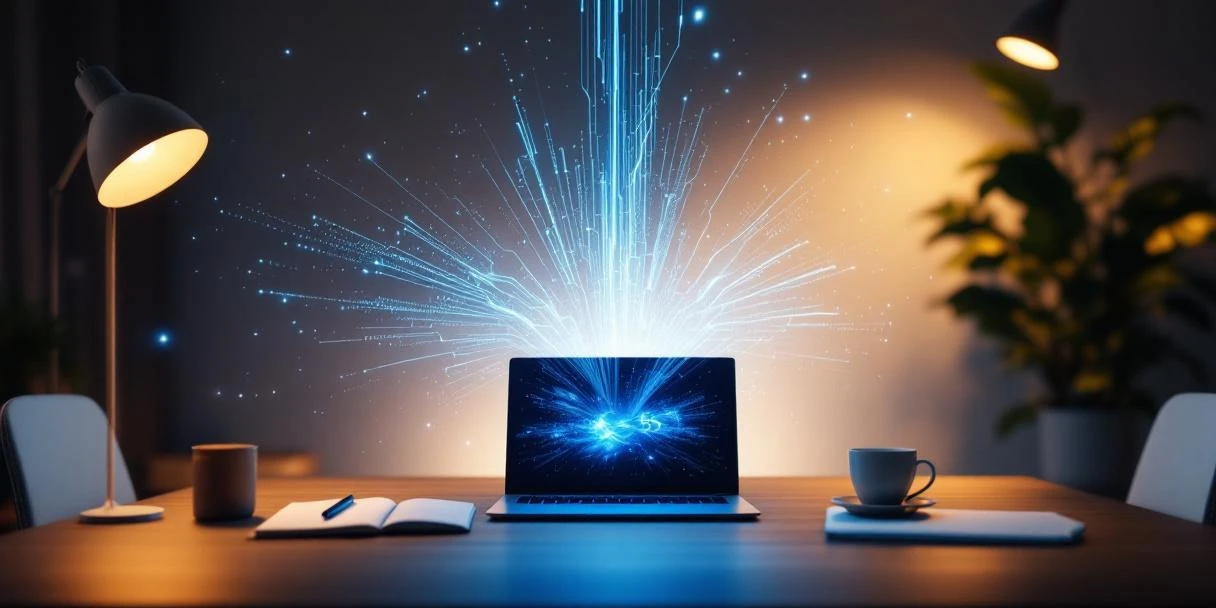 Modern kantoorbureau met Microsoft 365 laptop waaruit blauwe digitale stromen vloeien, met notitieboek, slimme pen en koffie in een professionele sfeer.