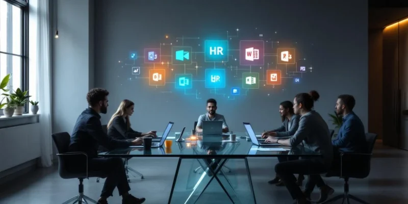 Modern kantoorlandschap met holografische Microsoft 365-iconen boven vergadertafel en strategisch verlichte werkplekken voor marketing, HR en projectmanagement.