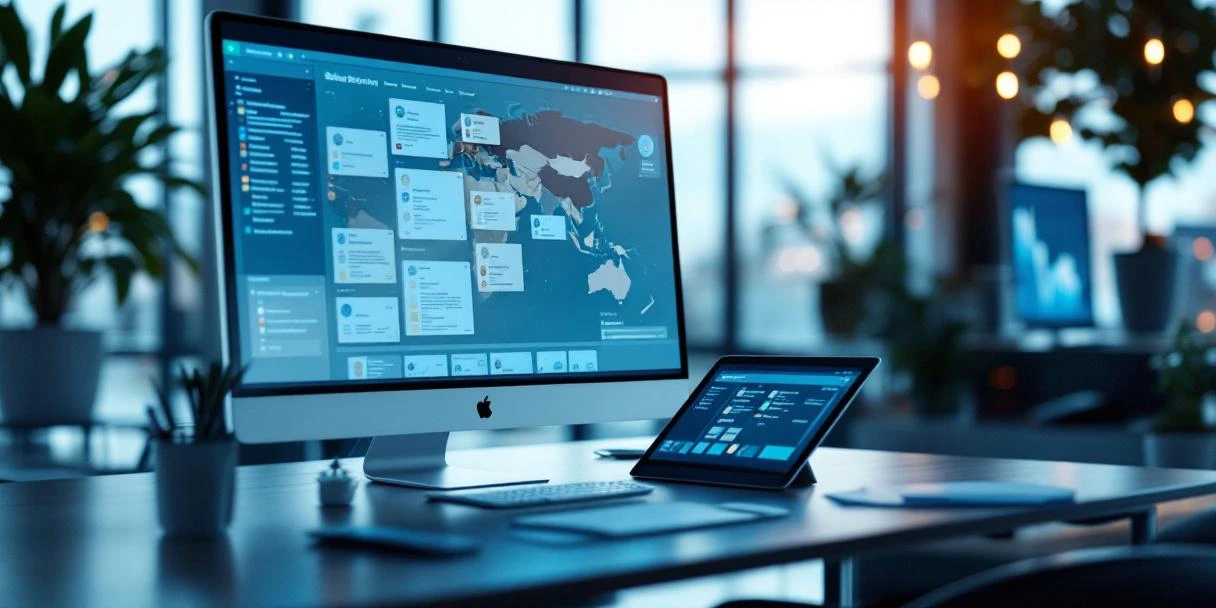 Moderne kantoorwerkplek met ultrabreed scherm waarop een SharePoint-documentbibliotheek is geopend, naast een tablet die dezelfde omgeving toont in een licht kantoor.