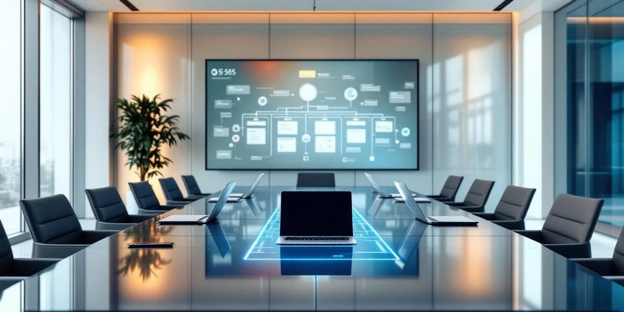Moderne vergaderruimte met conferentietafel waarop apparaten Microsoft 365 tonen, glazen wand met organogram, en warm zakelijk licht door panoramische ramen.