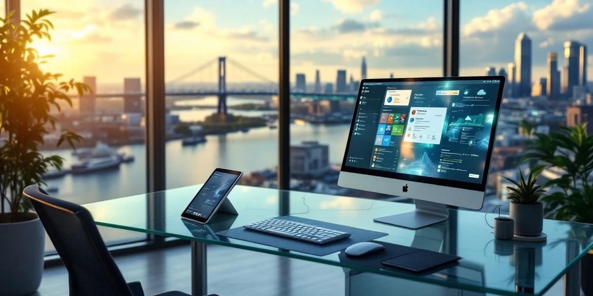 Moderne werkplek in Rotterdam met computer toonend Microsoft 365, tablet met cloudsynchronisatie en uitzicht op de Erasmusbrug, verlicht door avondzon.