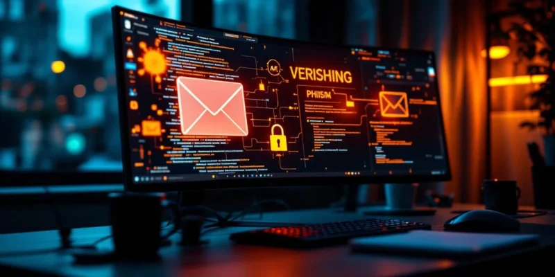 Professioneel bureau met verdachte e-mail op monitor en vishaak door bedrijfsdocument, symboliserend phishing-aanvallen. Hangslot naast muis benadrukt beveiliging.