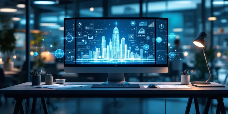 Moderne werkplek met computer waarop Microsoft Copilot interface verbinding maakt met blauwdrukken, medische apparatuur en financiële grafieken in professionele kantooromgeving.