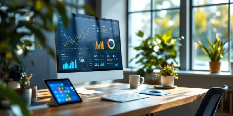 Professionele werkplek met dashboard vol KPI-grafieken in Microsoft-blauwe tinten, tablet met Microsoft 365 iconen en minimalistische technologische elementen in natuurlijk licht.