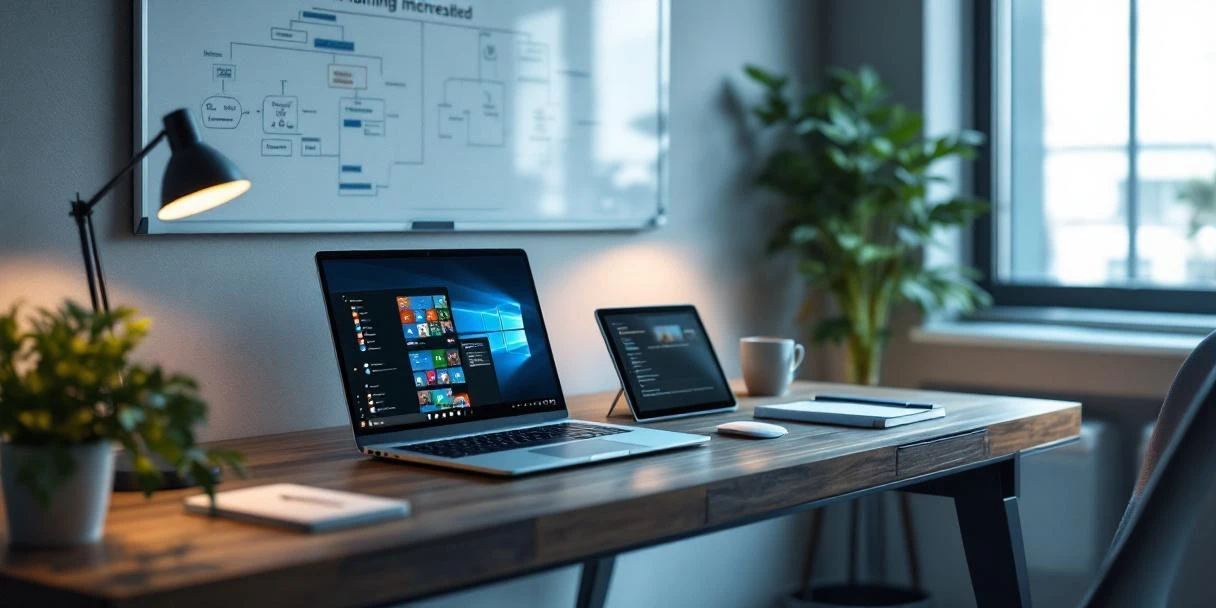 Moderne werkplek met laptop waarop Microsoft 365 draait en tablet met trainingsmodule, in een lichte kantooromgeving met whiteboard, koffiekop en notitieboek.