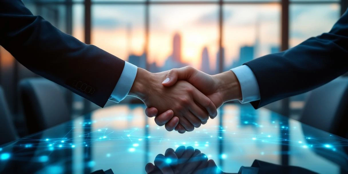 Handdruk tussen zakelijke en technische professional bij moderne vergadertafel in Rotterdam, met servers en cloudinfrastructuur tegen de karakteristieke skyline van Zuid-Holland.