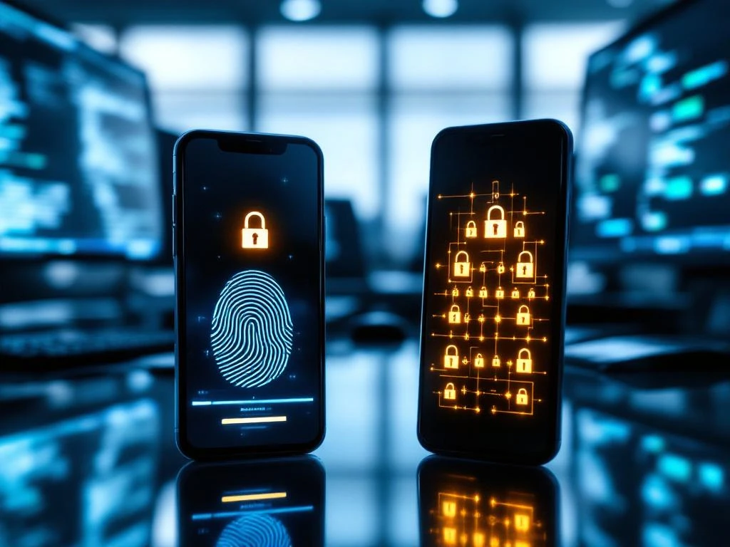 Twee smartphones tonen authenticatiemethoden: links vingerafdruk, rechts meerdere beveiligingsopties in moderne kantooromgeving.