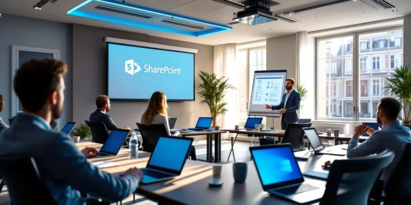 Moderne SharePoint-trainingszaal met ergonomische bureaus in halve cirkel, presentatiescherm, digitaal whiteboard en natuurlijke verlichting in professionele omgeving.