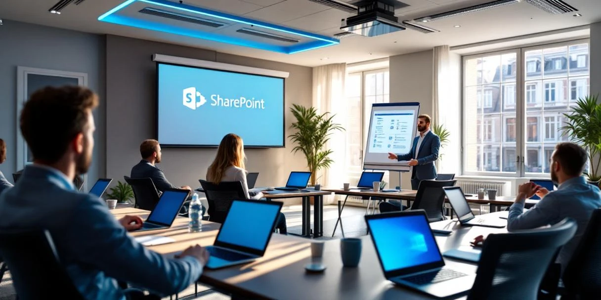 Moderne SharePoint-trainingszaal met ergonomische bureaus in halve cirkel, presentatiescherm, digitaal whiteboard en natuurlijke verlichting in professionele omgeving.