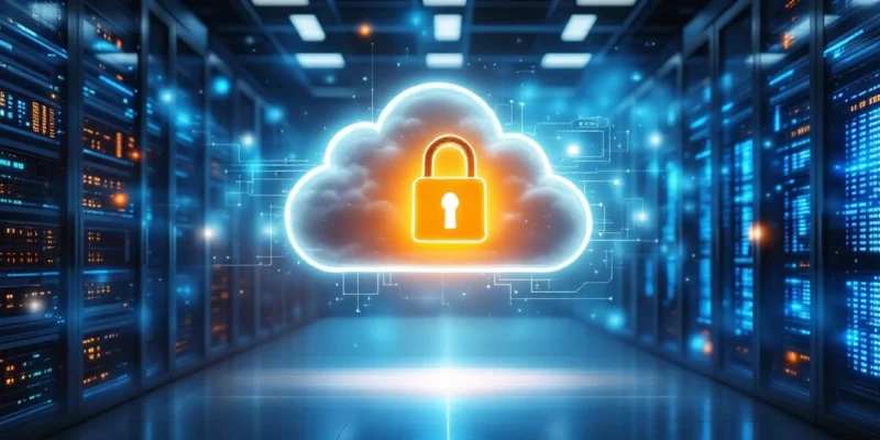 Veilige cloudmigratie visualisatie met serverracks en blauwe cloudstructuur, verbonden door beveiligde dataoverdracht met een prominent hangslot in het midden.