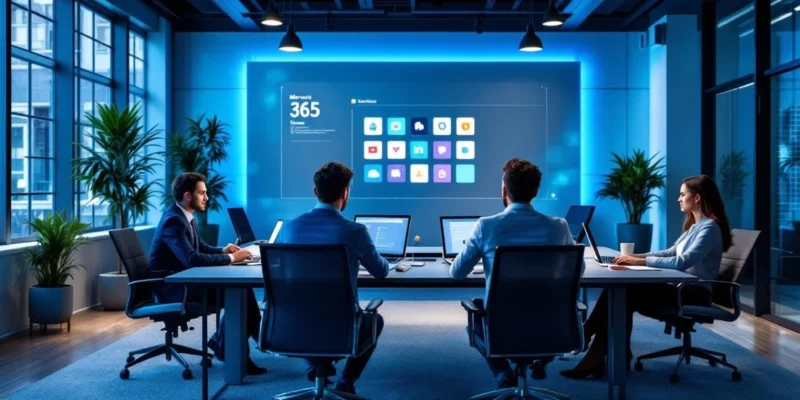 Moderne vergaderruimte met halfronde opstelling van werkplekken, vier laptops met Microsoft 365, centraal Teams-presentatiescherm en DesktopToWork huisstijlkleuren.