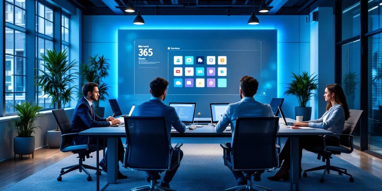 Moderne vergaderruimte met halfronde opstelling van werkplekken, vier laptops met Microsoft 365, centraal Teams-presentatiescherm en DesktopToWork huisstijlkleuren.