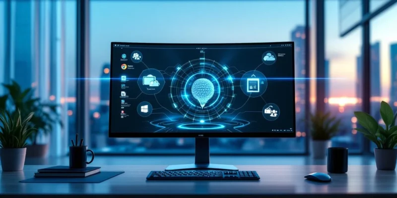 Futuristische werkplek met Microsoft Copilot op het scherm, verbonden met diverse softwarepictogrammen in een modern kantoor met stadsgezicht en DesktopToWork-sfeer.