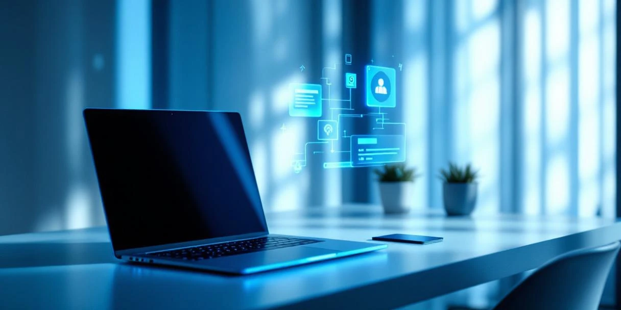 Minimalistische werkplek met premium laptop, holografische licentiekaart en zwevend AI-assistent hologram, verlicht in DesktopToWork's blauwe huisstijl.